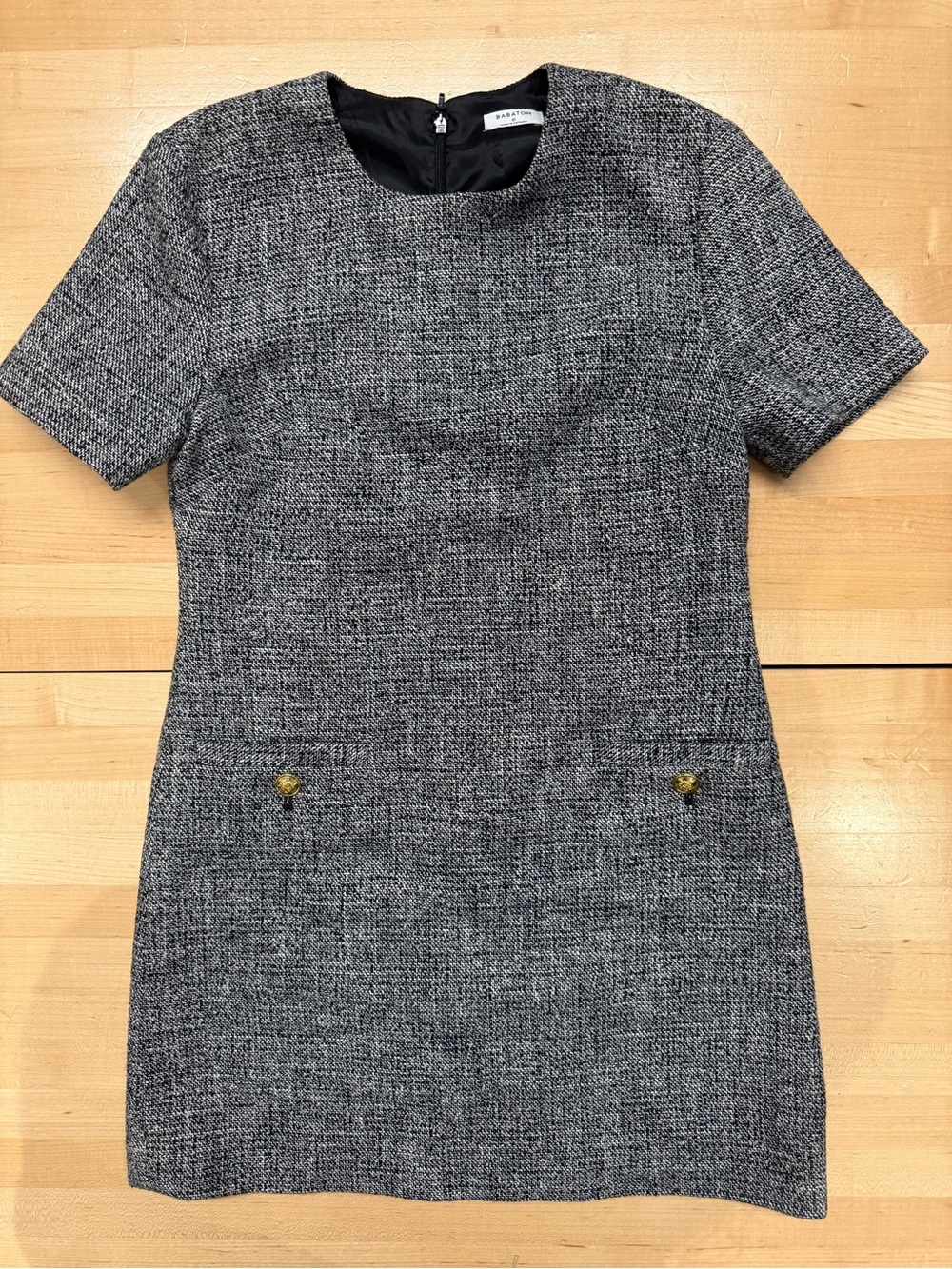 Babaton Gray Tweed Mini Dress with Gold Button Detail